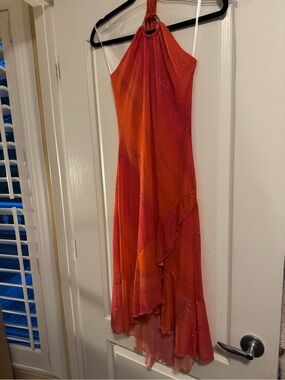 Taboo Halter Ruffle Midi Dress in Orange-pink ombré sparkly mermaid